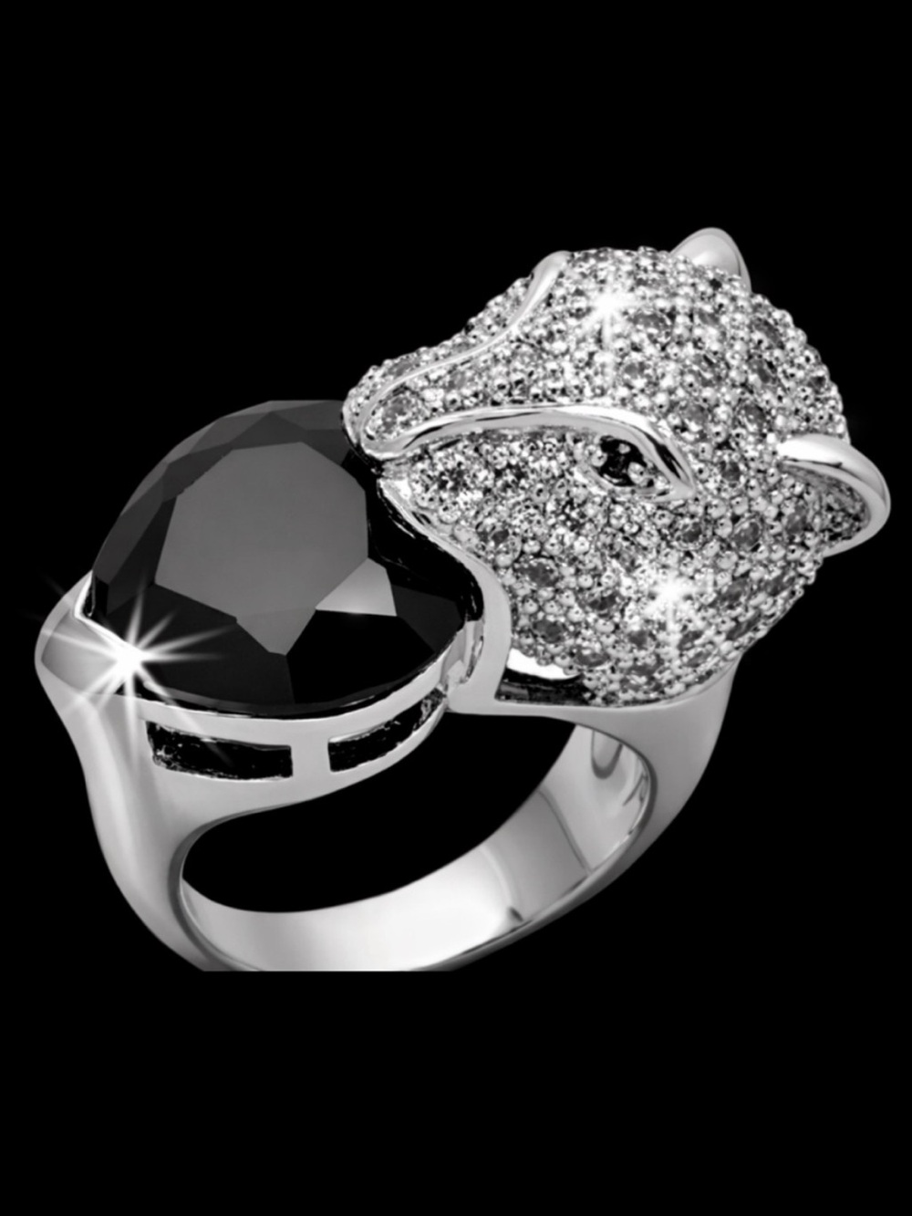 Panther Head Black onyx Heart Micro Pave Set Cz statement Cocktail Ring silver